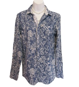 Diesel-Floral-Blouse-Shirt-Size-S-Small-Denim-Blue-White-Top-Casual-Cotton