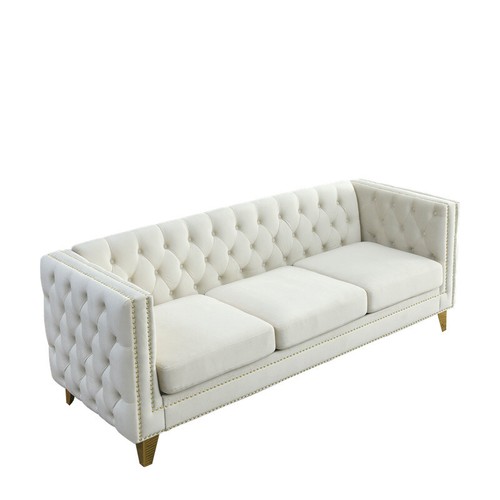 Modern 3 Seater Button Tufted Velvet Sofa Upholstered Couch with Gold Metal Legs - Picture 15 of 18