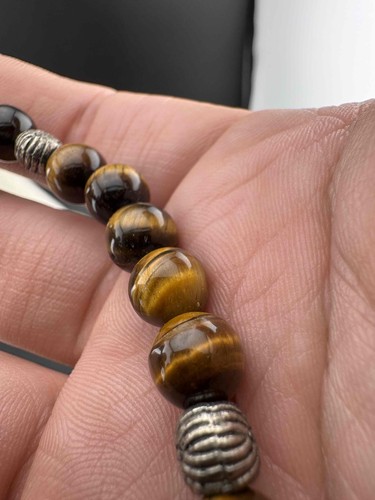 Bracciale Perline Occhio di Tigre Marrone Argento Sterling Accenti 8mm 20 Perline - Foto 3 di 4