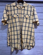 LL Bean Shirt Men Large Yellow Blue Button Up Plaid Made in USA Vintage Cotton