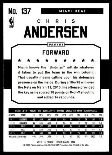 2015-16 Hoops Basketball Card Chris Andersen Miami Heat #137 - Picture 2 of 2