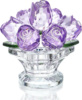 H&D HYALINE & DORA Handcraft Crystal Purple Rose Flower Figurine with Crystal Ba