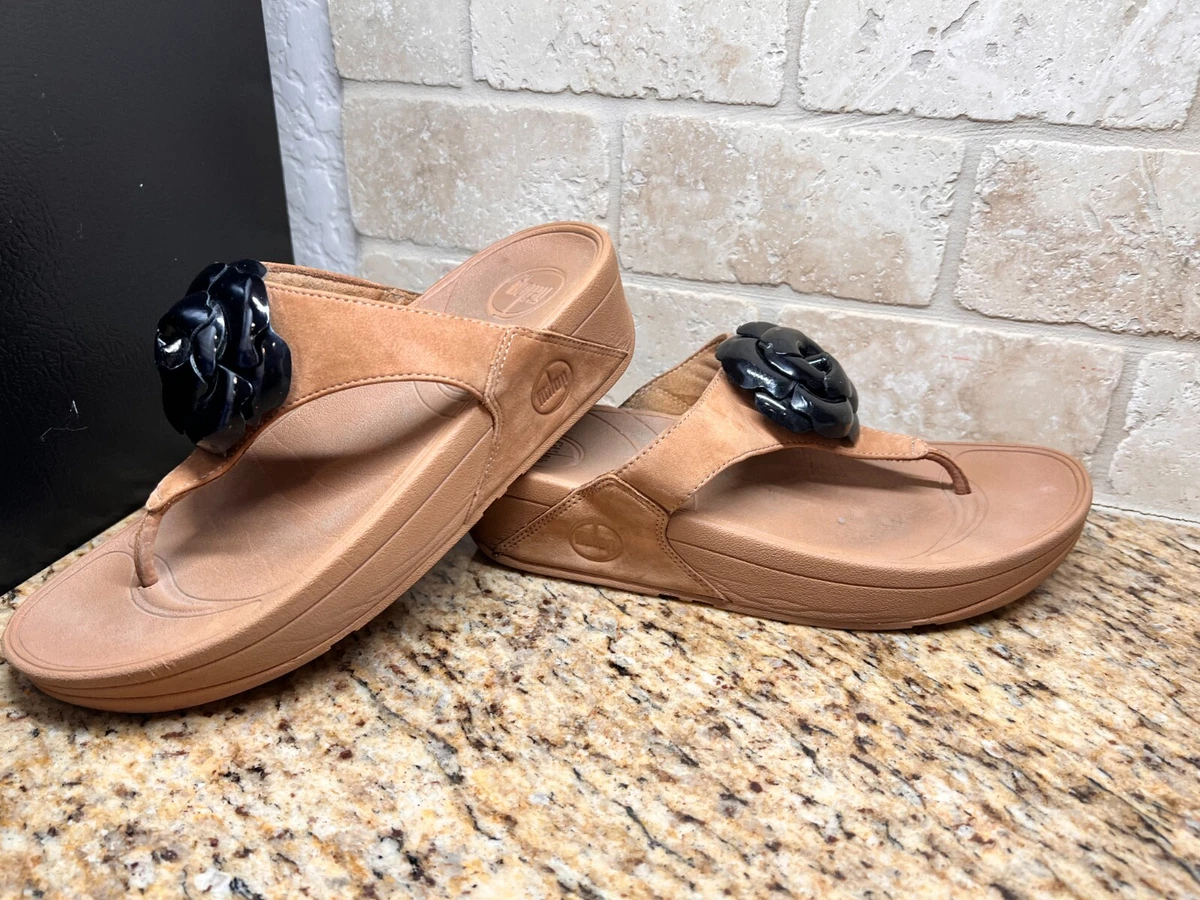 FitFlop Women s Florent Rose Leather Tan Black Thong Sandals 273 017 Size 7