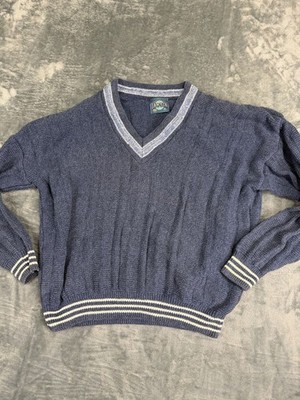 Vintage Jantzen Navy V-Neck Sweater Ribbed Knit Striped Trim XL