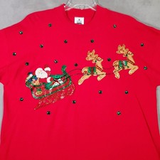 VTG Lee Christmas Sweatshirt Womens XL Red Santa Sleigh Embellished Hand Painted