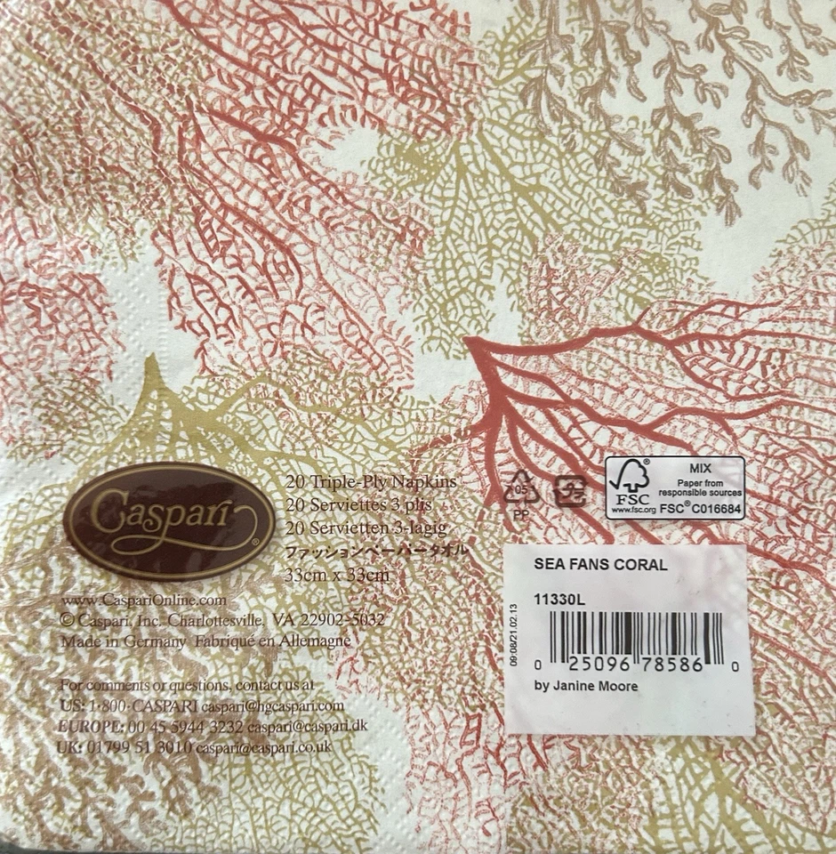 Caspari Paper Napkins Sea Fans Coral Beach Set 2 Cocktail Luncheon Germany NEW - Image 4 of 4