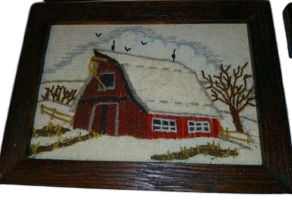 Set Of 4 Framed Needlepoint Barn Landscape Embroidery Rustic Farmhouse Wall Art - Image 2 of 4