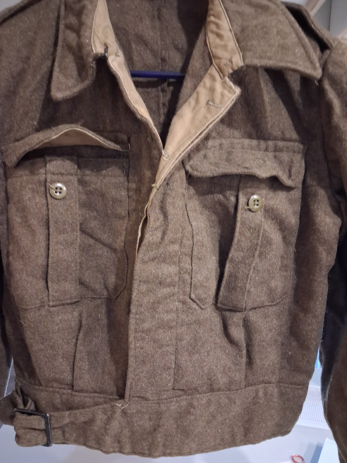 Vintage Military Wool  Battledress Jacket 1950 Brown with Belt Stamped Markings