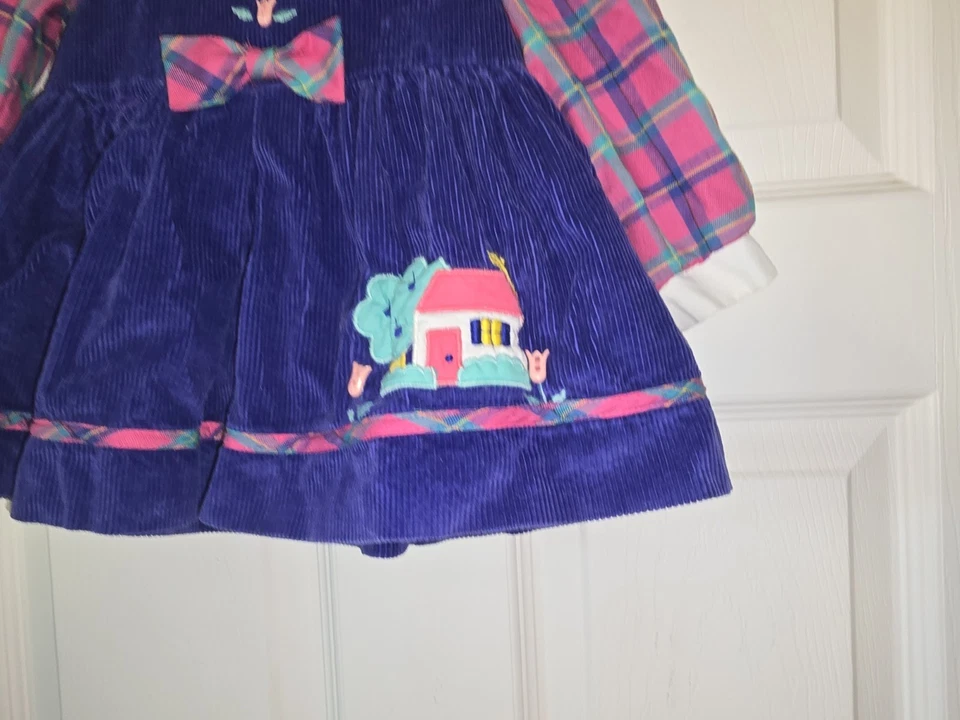 Vestido tipo jersey de pana vintage para niñas pequeñas talla 2T bordado a cuadros 2 piezas Foto 3 de 4