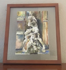Fontana del Nettuno (Fountain of Neptune) Watercolor 11x8in Unknown Artist RARE