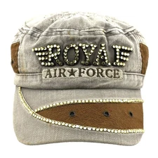 Women's ROYAL AIR FORCE MILITARY CAP Beige Brown Rhinestones - OSFM - Adjustable