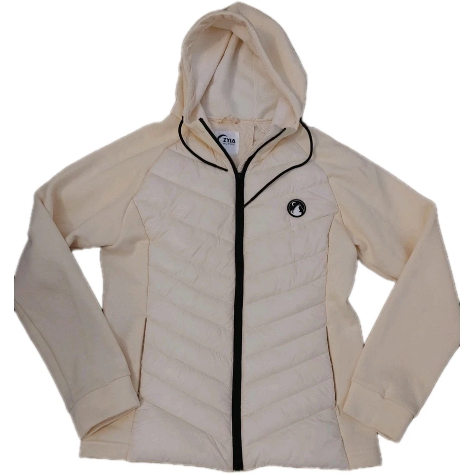 Chaqueta Zyia Courchevel Híbrida Puff Capucha Grande Cremallera Completa Ligera Crema y Negra Foto 2 de 4
