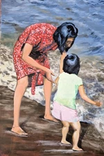 "Mom and Daughter at the beach" - Collectible - Original Oil Painting