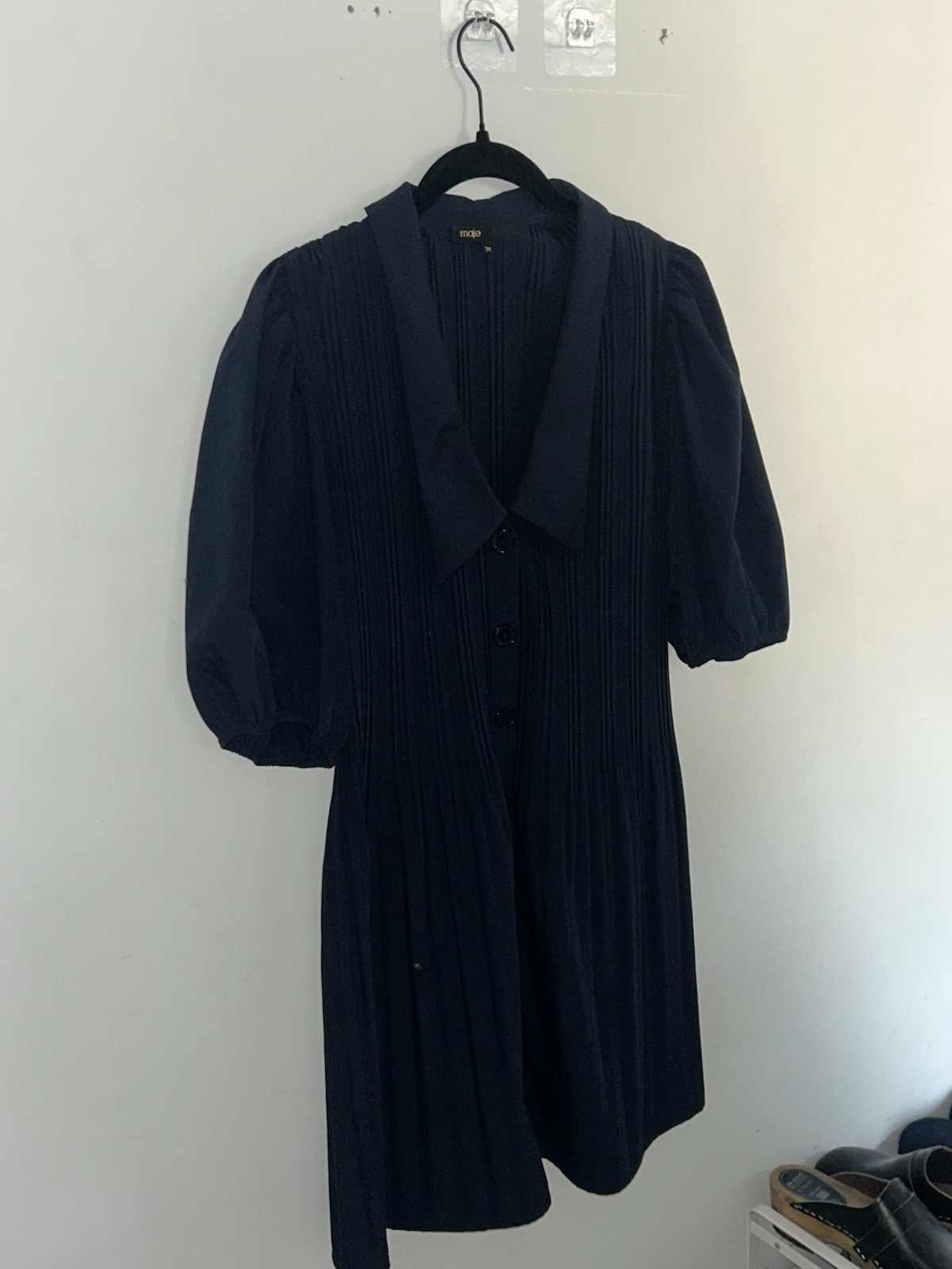 maje Navy Pleated Collared Short Sleeve Button A-Line Dress Size 36
