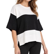 DKNY Women  s Medium Black White Colorblock Boxy Short Sleeve Sweater Top