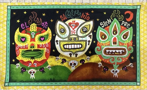 Luchador Mask Taco Truck Dia Fabric 3 Panels Bright Cotton Fabric #15 - Picture 2 of 6