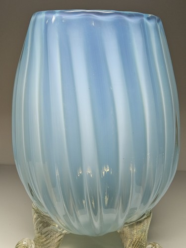 Huge Archimede Seguso Murano Glass Vase Opaline Blue W/ Scroll Feet W/ Gold 11" - 第 9/14 張圖片