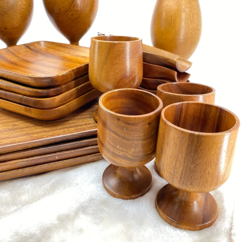 Conjunto Antigo Meados do Século Moderno Marrom Madeira Colecionável Taças de Vinho 20 Peças - Imagem 2 de 4