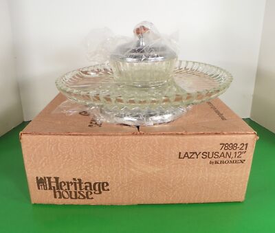 Vintage Kromex Glass Divided Relish Party Tray Turntable 4-pc Lazy Susan MCM