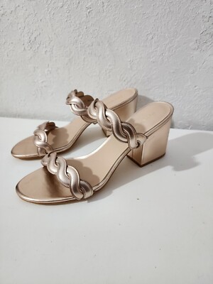 Stuart Weitzman Twistie Rose Gold Leather Slip On Block High Heel Sandals 10.5