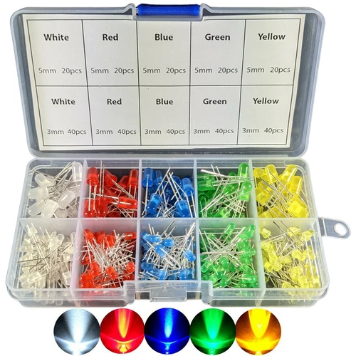 300 Piece Diffused Lens LEDs, 3mm & 5mm, Colors: White, Red, Blue, Green, Yellow
