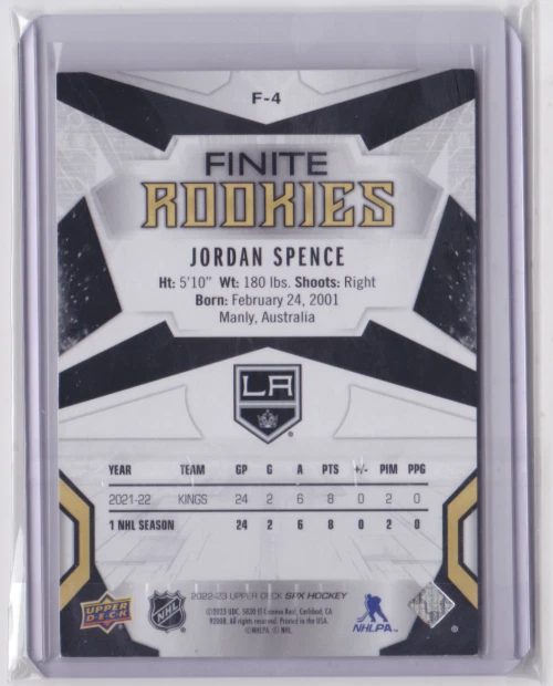 2022-23 UD SPX FINITE ROOKIES GOLD PARALLEL 9/299 JORDAN SPENCE #F-4 L.A. KINGS - Image 2 of 2