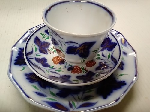 1850's Gaudy Ironstone Antique Flo Blue Strawberry Set Cup-Saucer-8" Plate - Picture 2 of 9