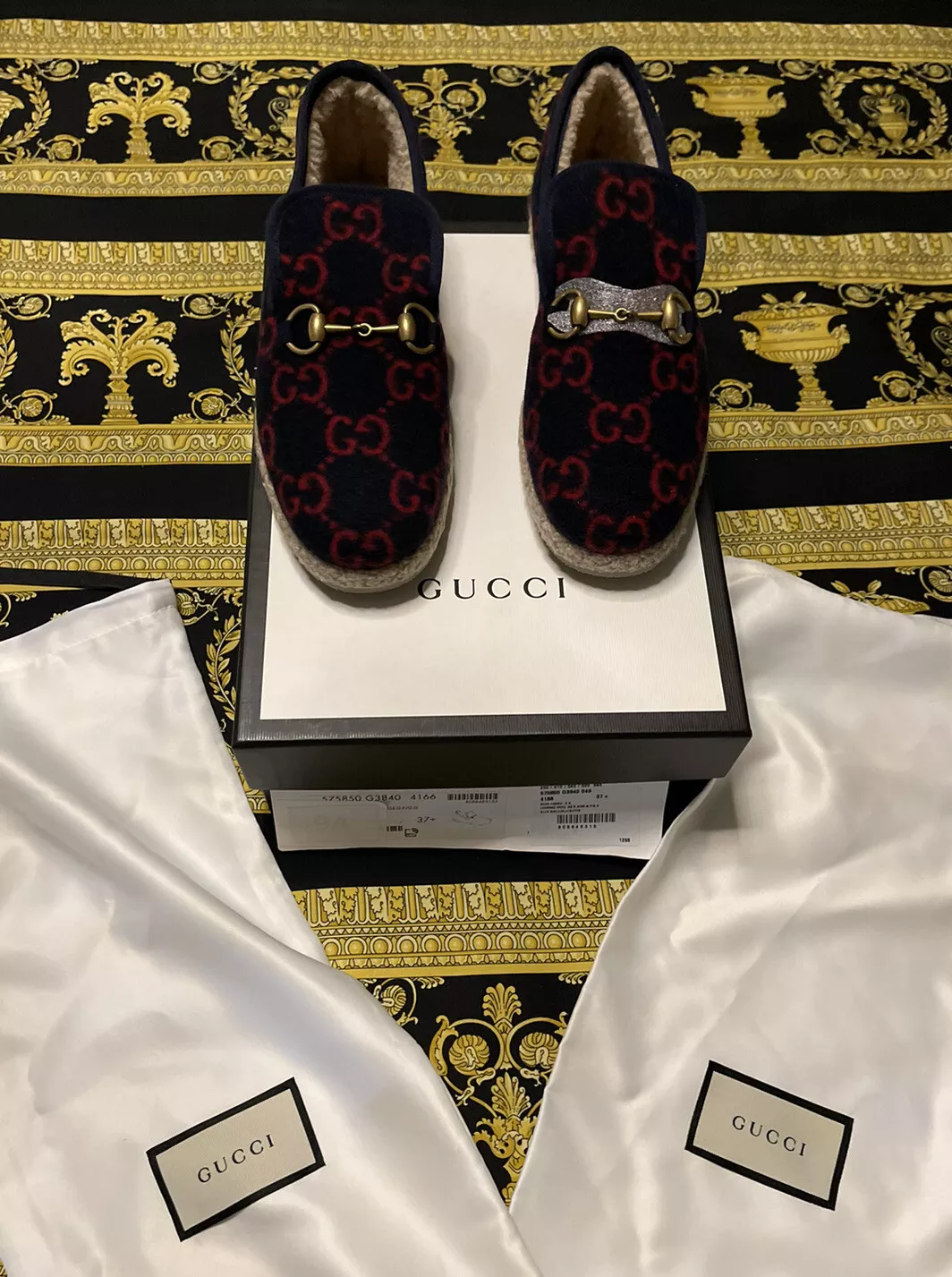 Neu IN Karton Gucci Fria Wolle Monogramm Gg Logo Blau & Rot Halbschuhe