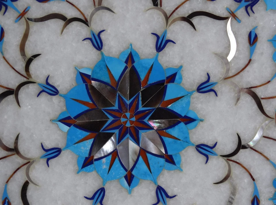 12" Marble Table top Semi Precious Stones turquoise floral inlay Work home decor - Image 2 of 4