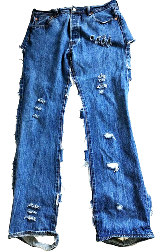 Denim Chaps Style LEVI 501 WOMEN 36x34 Custom Cut Biker PUNK Jeans Distressed