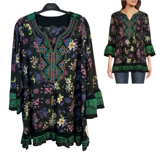 NEW Calessa Plus Size 2X Abstract Floral Tunic Split V Neck Blouse Boho Artsy