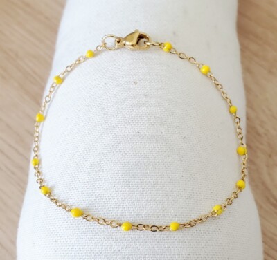 Bracelet cheville perles résine Jaune acier inoxydable or artinal