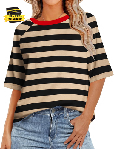 Womens T Shirts Summer Casual Oversized Crewneck Loose Fit Short Sleeve Striped