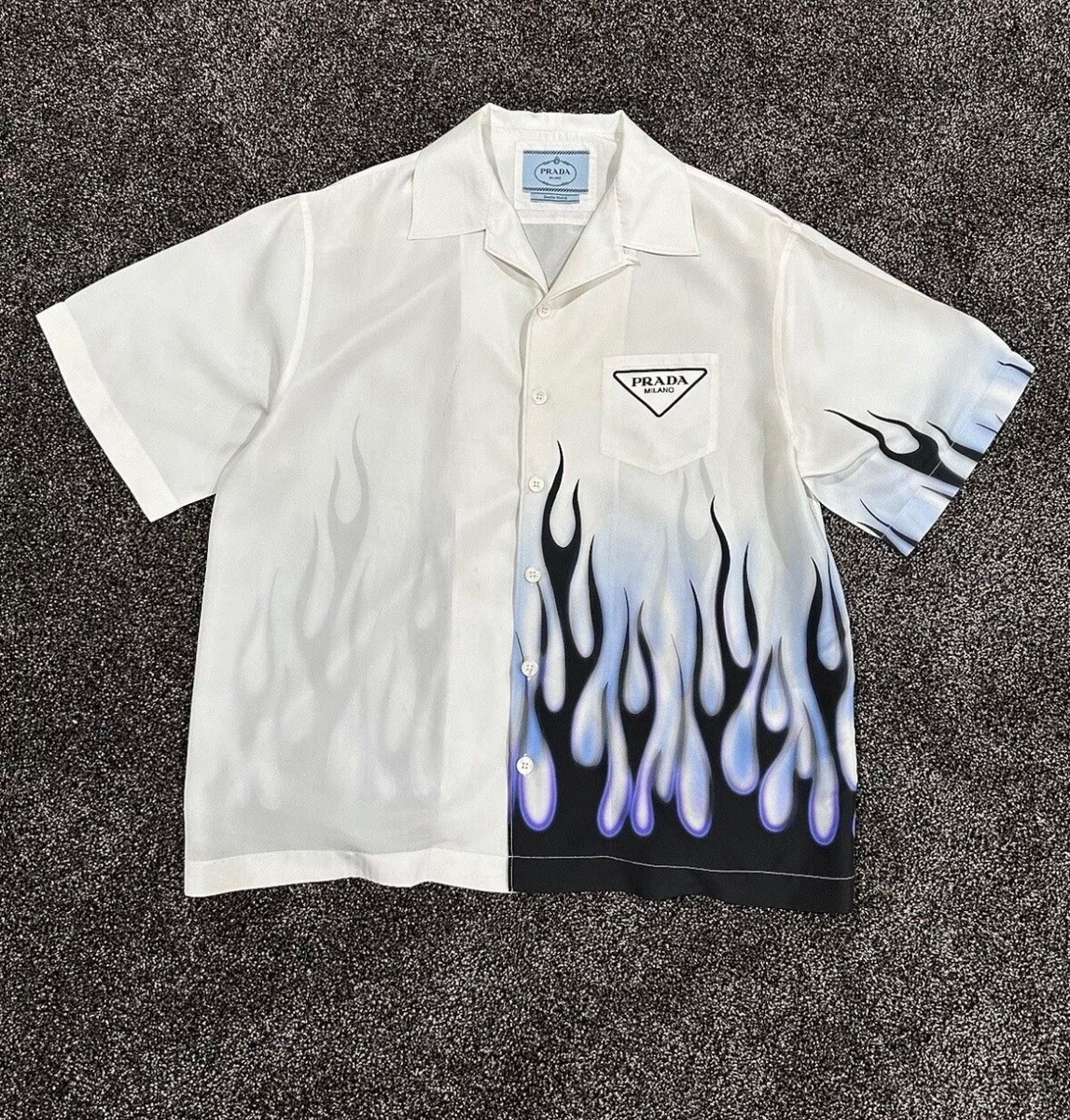 Prada Double Match White / Blue Flames Silk Bowling Button Up