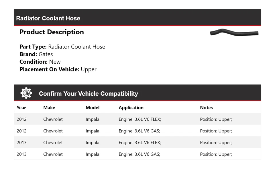 Manguera de refrigerante de radiador puertas superiores para Chevrolet Impala 2012-2013 Foto 2 de 3