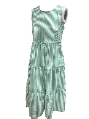 J.Crew Striped Tiered Dress Womens Green White Sleeveless Midi 00 | eBay
