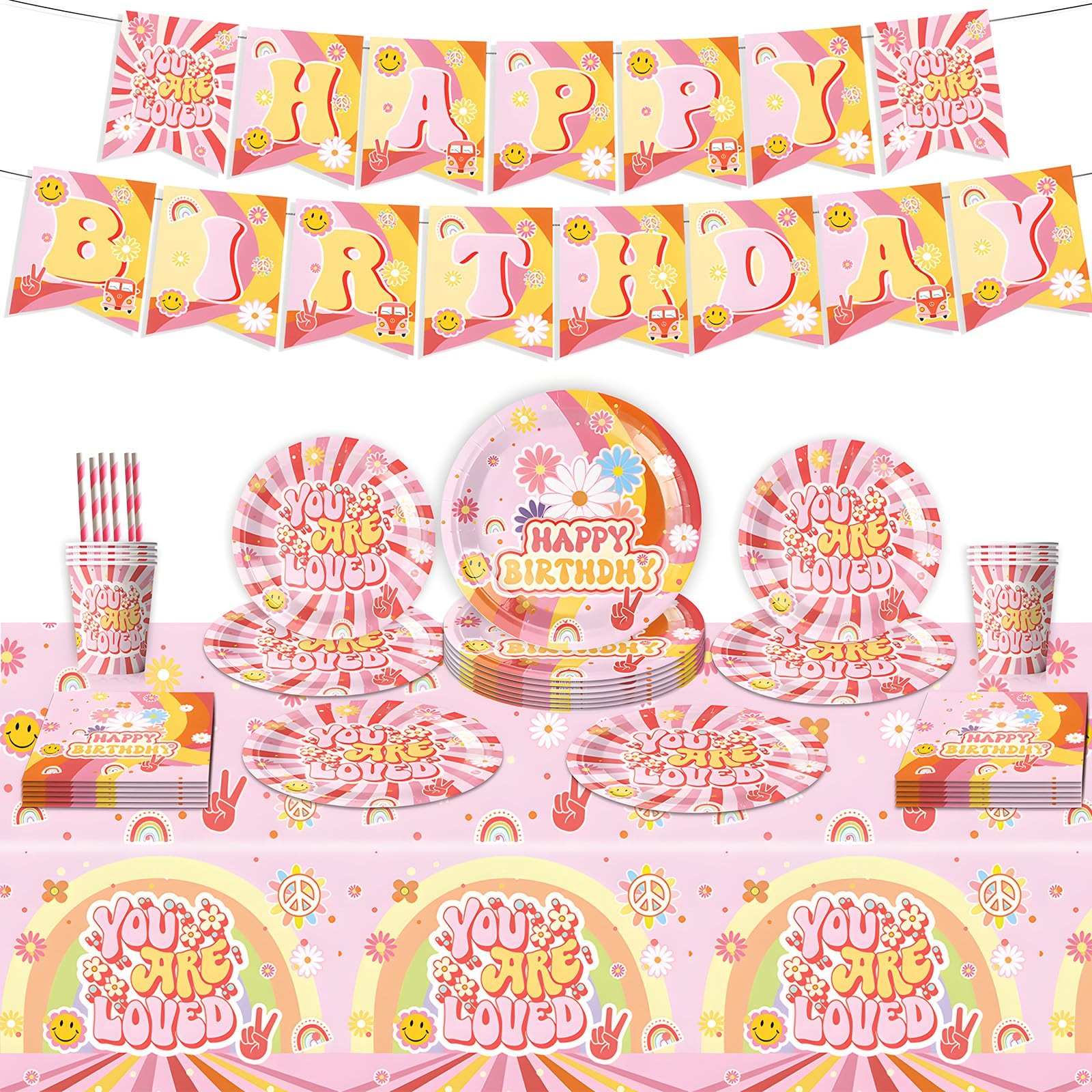 Vaisselle de Fête Hippie Boho Arc-en-ciel Kit Table Anniversaire Thème Rétro Seventies