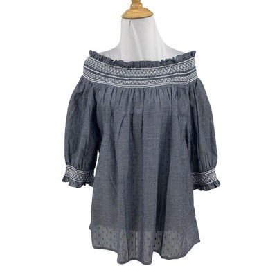 Loft Blouse Women L Large Off The Shoulder Cotton Smocked Embroidered 3/4 Sleeve