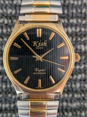 Kish Black Face Gold Case Two Tone Bracelet Strap Watch New Battery Works