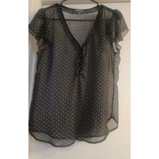 Lily Rose Women’s L Black Sheer Polka Dot Ruffle Blouse V Neck Made in USA