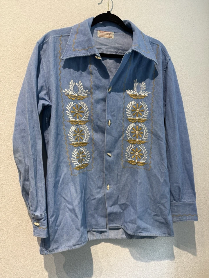 Мужская винтажная джинсовая мексиканская вышитая рубашка хиппи 60-х размер 40 1960-е Bordhdos с цветочным рисунком - Изображение 2 из 4
