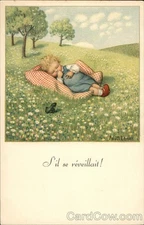 Babies Little Girl Sleeping Field Original Vintage Postcard