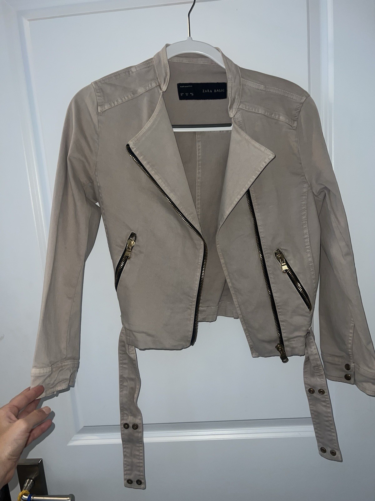 ZARA BASIC Beige Biker Jacket Collared Zipper Bel… - image 3