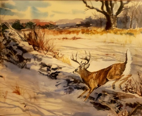 ORIGINAL GORDON FOWLER WATERCOLOR "WINTER PURSUIT" WHITETAIL BUCK 21.5" X 28.5"! - Picture 16 of 16