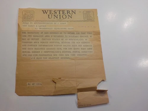 WW2 Telegram Missing In Action Battle Of The Bulge Military Control WW II WWII
