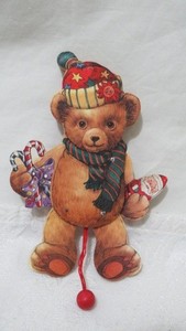 Toy, Vintage, Wooden String Pull toy, Christmas Bear Holding toys