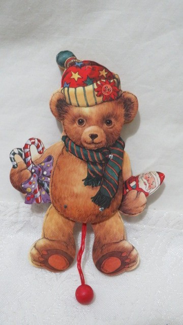 Toy, Vintage, Wooden String Pull toy, Christmas Bear Holding toys