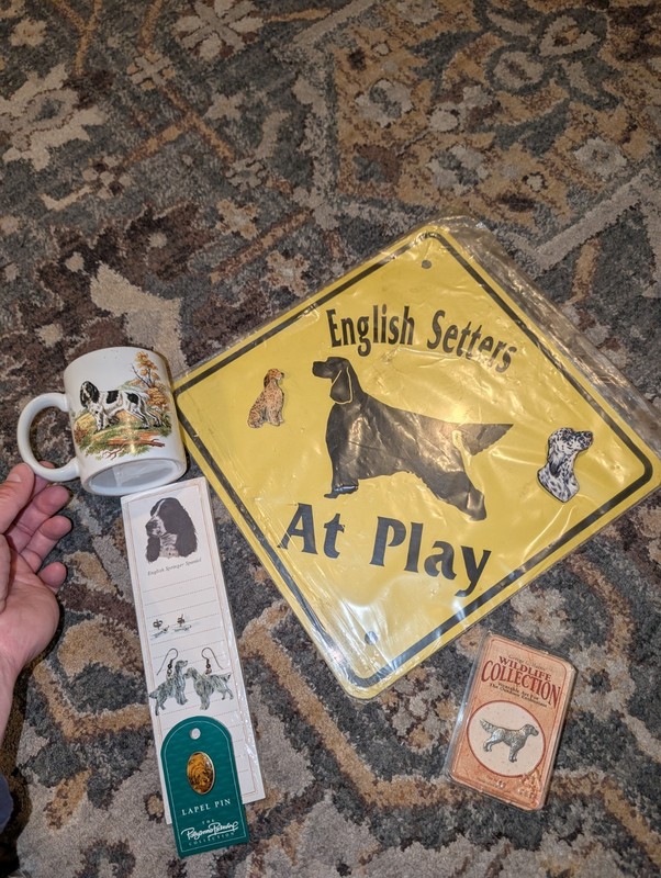English Setter Lot: Sign, Cup Pins, Note Pad, Earings
