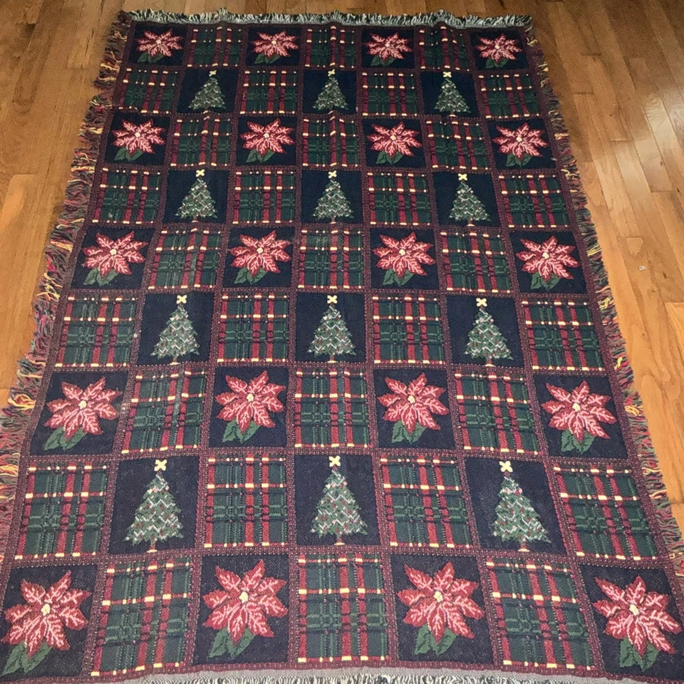 Manta reversible vintage de Navidad de los 90 con flecos para regazo imitación retazos 1993 Foto 4 de 4