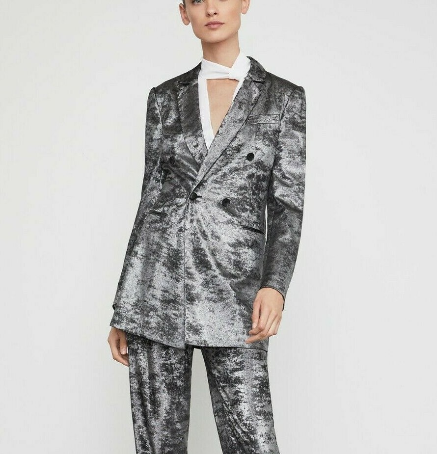 BCBGMAXAZRIA SzXXS Metallic Double-breasted Long Blazer Jacket